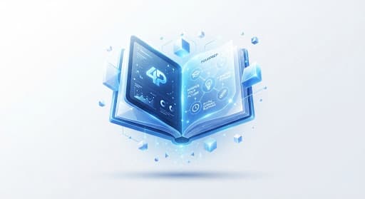 Abstract illustration of a glowing digital book representing structured, technology-driven English learning